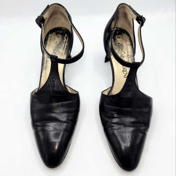 YVES SAINT LAURENT VINTAGE LEATHER T-STRAP ALMOND TOE MARY JANE SHOES BLACK 7.5 - Picture 6 of 15